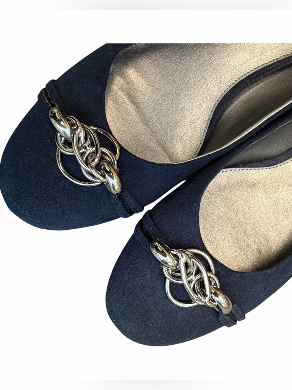 Women’s Ballet Flats Low Heel Navy Suede Silver Metal Detail Career Alex